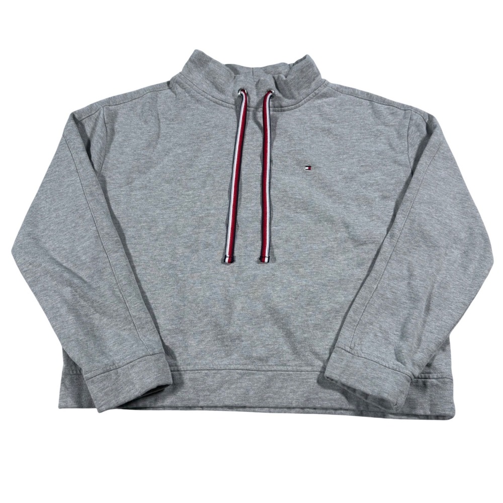 Tommy Hilfiger Sweatshirt Womens Medium Gray Mock Neck Logo Pullover Cropped